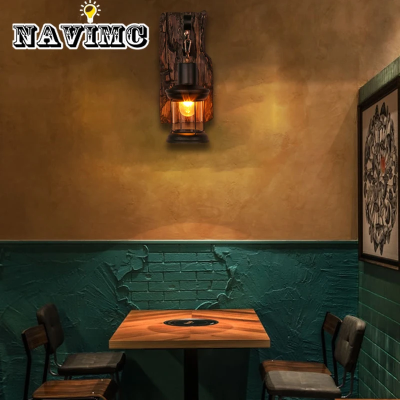 

Vintage Wooden Wrought Iron Bedroom Bedside Hallway Wall Lamp for Bar Cafe Loft Atmosphere Lighting