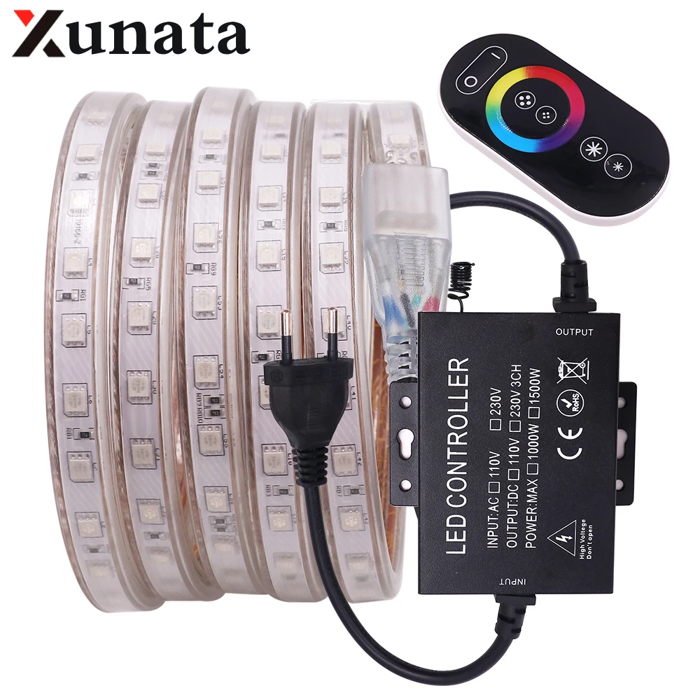 

New Arrival AC110V/220V LED Strip SMD 5050 RGB Waterproof Ribbon Tape 60Leds/m Flexible Strip Stable With RGB Touch Controller