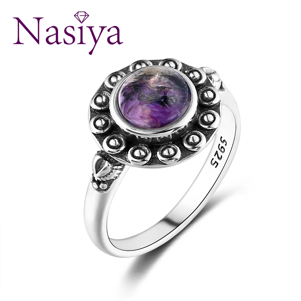 

Nasiya Top Brand Ethnic Simple Round Purple Charoite Rings For Women Fine 925 Silver Jewelry Anniversary Party Engagement Gift