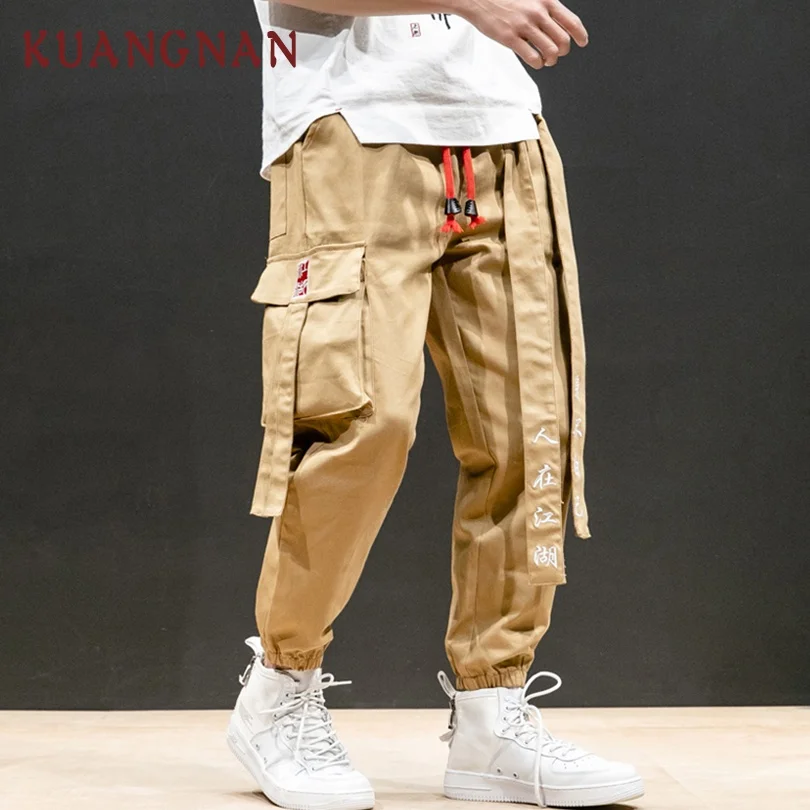 KUANGNAN китайский стиль ленты брюки карго для мужчин Jogger Японская уличная одежда Джоггеры мужские брюки хип-хоп брюки мужские брюки