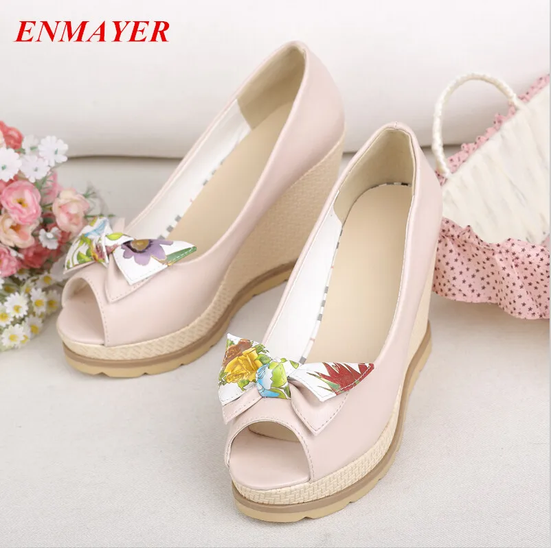 

ENMAYERwomen pumps Peep Toe Round Toe Square heel Platform pumps Bowtie  fashion shoes women  2015 new large size 34-41