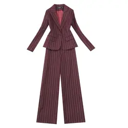 2018 Новый Демисезонный дамские, с длинными рукавами, в полоску, костюм Блейзер Куртка + широкие брюки из двух частей Для женщин брюки в