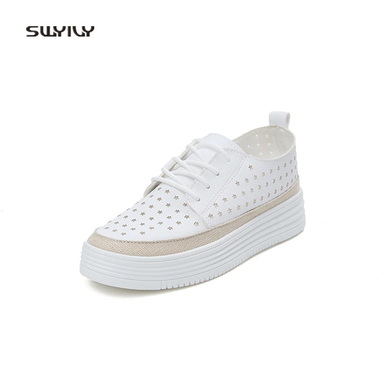 

SWYIVY White Shoes Woman Sneakers Star Hallow Brathable 2018 Female Canvas Shoes Girl Casual Shoes Platform Woman Sneakers 40