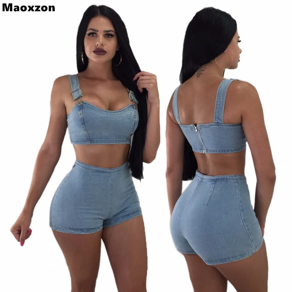 Maoxzon Women's Sets Sexy Strap Slim Denim Short Tank Tops and Shorts 2