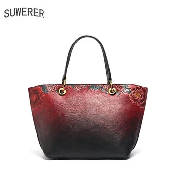 

SUWERER 2020 New Women Genuine Leather bags luxury handbags real Cowhide designer Embossed bag women leather shoulder bag