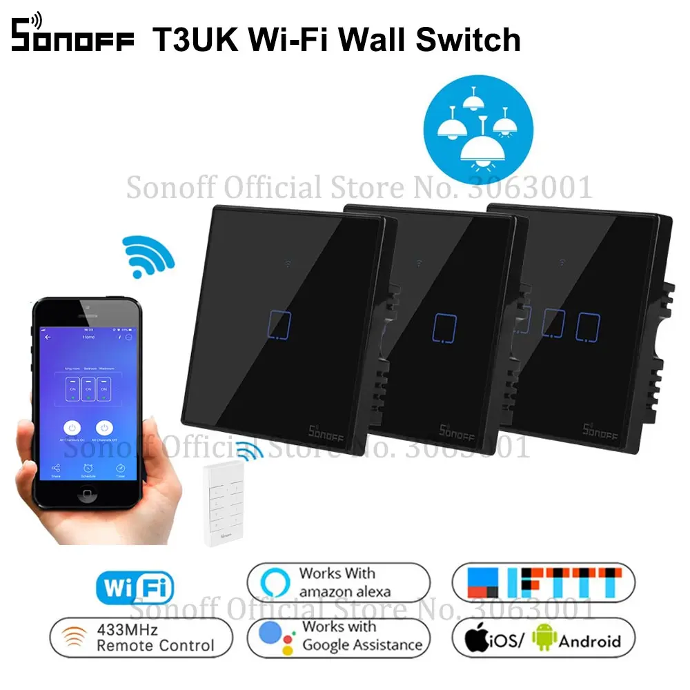 

SONOFF T3UK TX Smart Wifi Wall Touch Switch Black With Border Smart Home 1/2/3 Gang 433 RF Remote Control Works With Alexa IFTTT