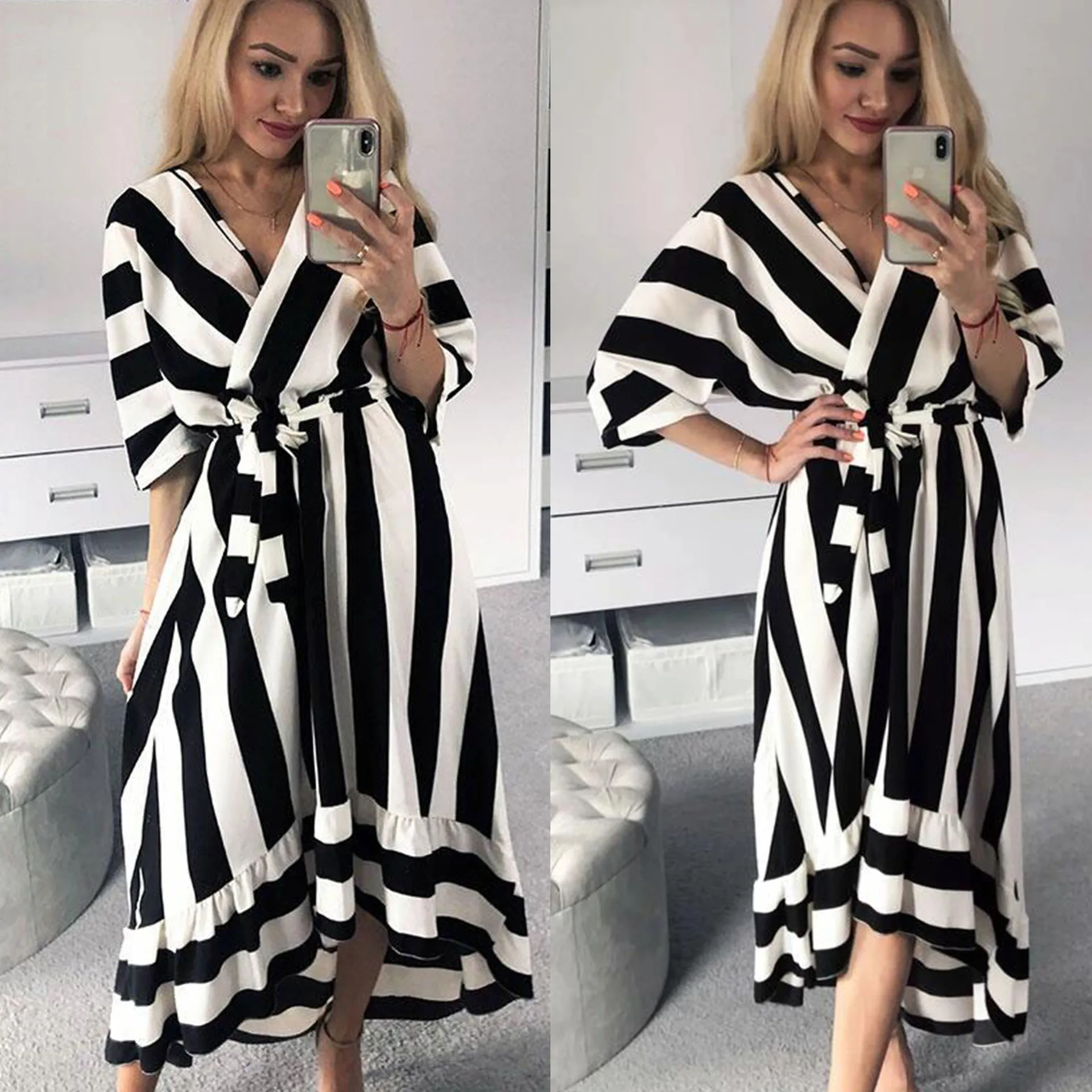 

Vestido Verano New 2019 Summer Temperament Women's Striped Print Five-point Sleeve V-neck Irregular Ruffled