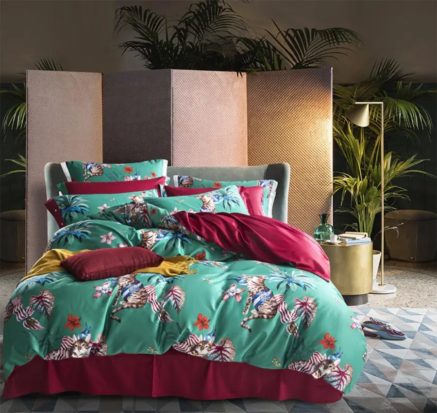 

american country flower cat bedding set,full queen king 60s retro design cotton home textile bed sheet pillow case quilt cover