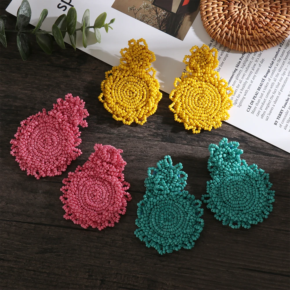 

Bohemian Fashion Handmade Beads Double Round Pendant Drop Earrings For Women Wedding Party Geometric Statement Earrings