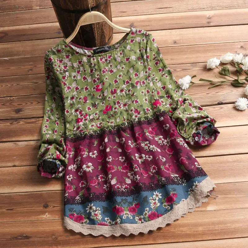 ZANZEA Женская винтажная блузка с цветочным принтом, Весенняя кружевная Лоскутная рубашка с длинным рукавом, Повседневный хлопковый льняной Топ, туника блуза - Цвет: Зеленый