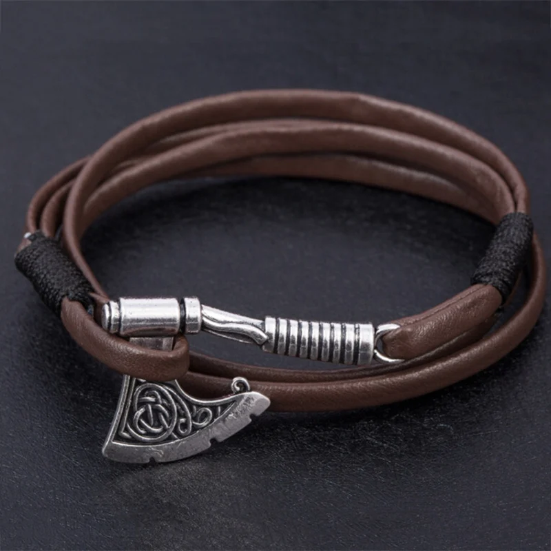 

Hot Sale Modern Style Axe Wrap Bracelet Leather Accessories Men Leather pendant fashion bangle Bracelets men Jewelry