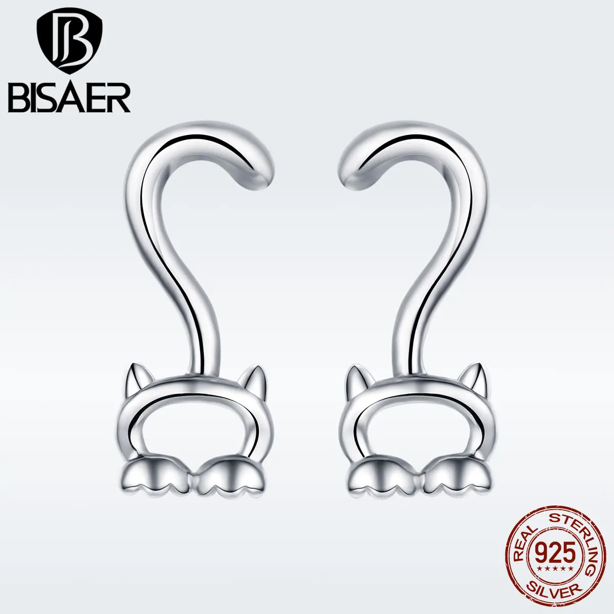 

BISAER 925 Sterling Silver Kawaii Cat Animal Stud Earrings for Women Original Design Korean Earings Gifts for Girl GXE564