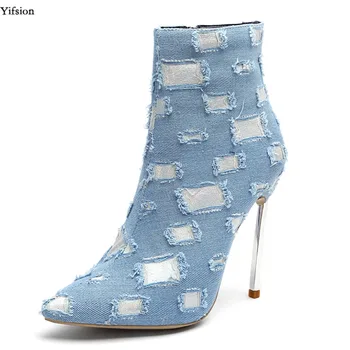 

Olomm New Winter Women Ankle Boots Sexy Thin High Heels Boots Pointed Toe Light Blue Dark Blue Casual Shoes Women US Size 3-13