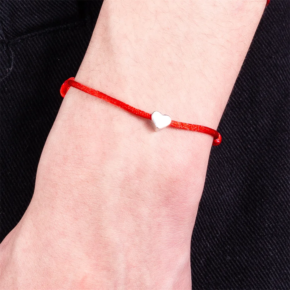 

LINDAJOUX Simple Silver Color Heart Charm Thread String Bracelet For Women Men Handmade Red Thread Rope Jewelry
