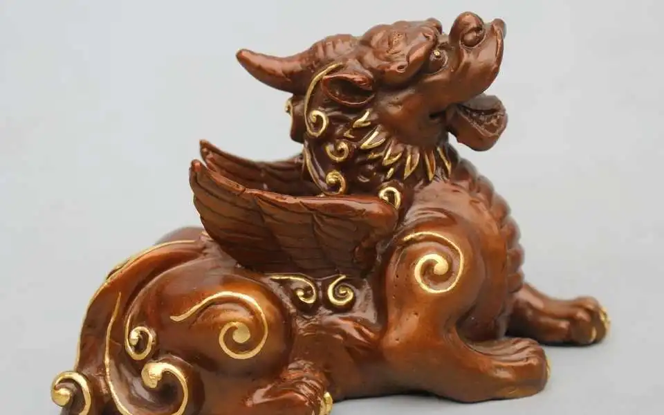 

4"Chinese Fengshui Scarce Royal Bronze Gild Zodiac Year Dragon Beast Kylin