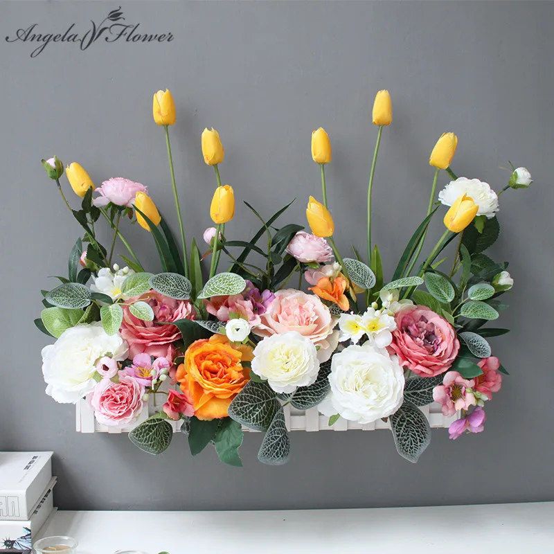 

30/50cm artificial flower arrangement fence flower row tulip rose road lead decor wedding scene layout home garden wall hanging