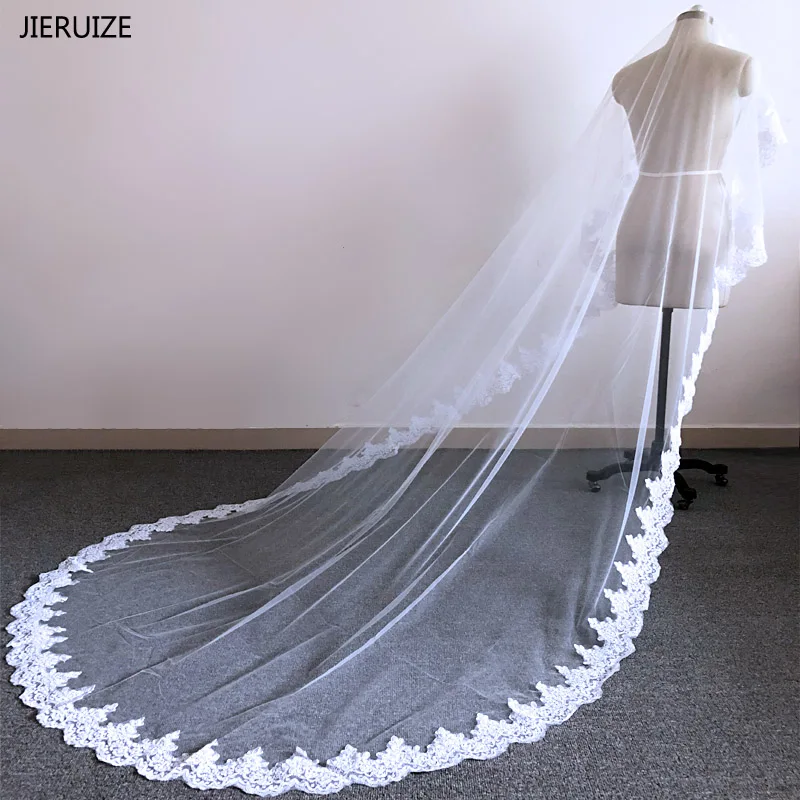 JIERUIZE 3M Lace Edge Wedding Veils With Comb 2019 Long Cathedral Bridal Accessories Bride Veu Veil | Свадьбы и торжества