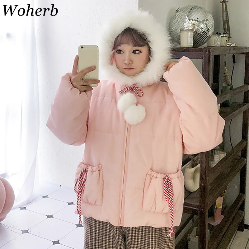 Woherb 2019 Harajuku Winter Jacket Women Kawaii Pink Parka Fur Hooded