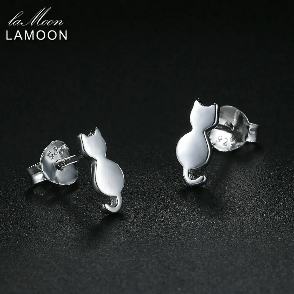 LAMOON Real S925 Sterling Silver Stud Earrings For Women Lovely Cat Shaped Fine Jewelry Girl's Gift Anting Wanita EY170