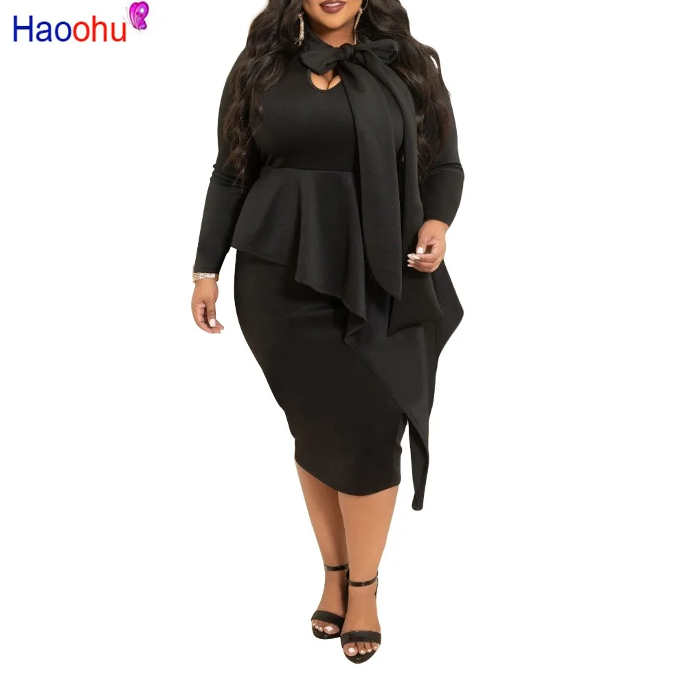 

HAOOHU Plus Size Long Sleeve Autumn Dress Women 5xl Elegant Ladies Office Dress Bow Tie Bodycon Midi Sexy Party Dress