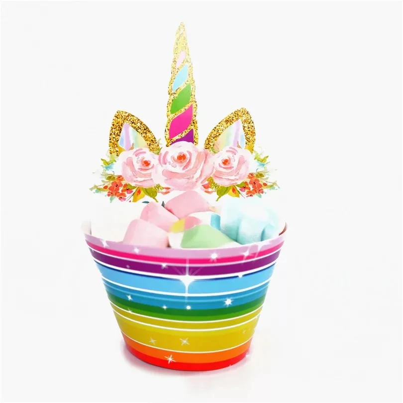 24pcs/lot Rainbow Unicorn theme cupcake topper wrappers Rainbow Unicorn theme cake holder