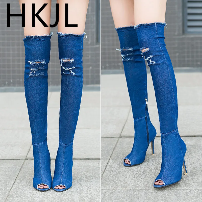 

HKJL 2019 new knight boots fashion hole denim face over the knee super high heel women's boots side zipper Women\x27s boots Z033