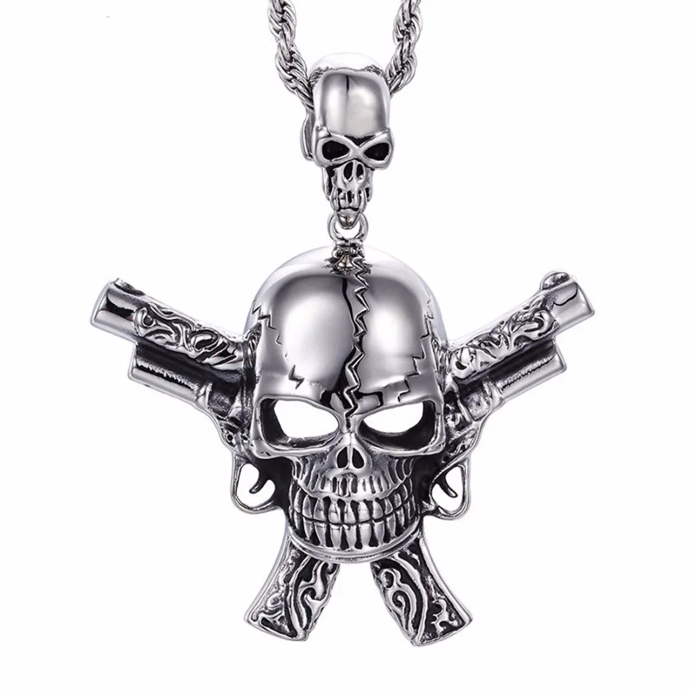 

Granny Chic New Gun Skull Shape Design Pendant Stainless Steel Jewelry Gothic Large Motor Biker Men Pendant With 24" Box Chain