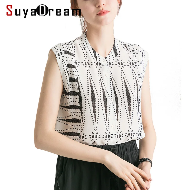 Women Blouse 100% REAL SILK Crepe Print White Shirt Stand Collar Sleeveless Blouses 2019 Summer Office Lady Tank |