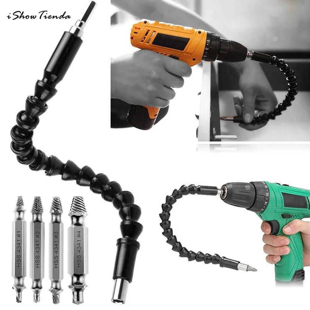 

ISHOWTIENDA 4 pcs Extractor & 1 pc Connecting Link Stripped Screw Extractor Set Damaged Screw Remover HSS 4341# Connecting Link