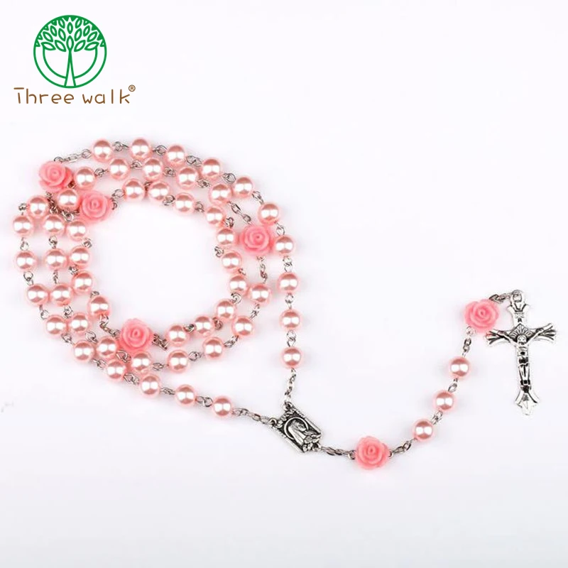 10pcs Fashion Rosary Round Beads Pink Flower Catholic Rosary Necklace