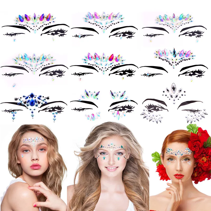

22 Styles Temporary Rhinestones Face Stickers Glittering Acrylic Stones Tattoo Stickers Face Makeup Jewellery Body Flash B1269