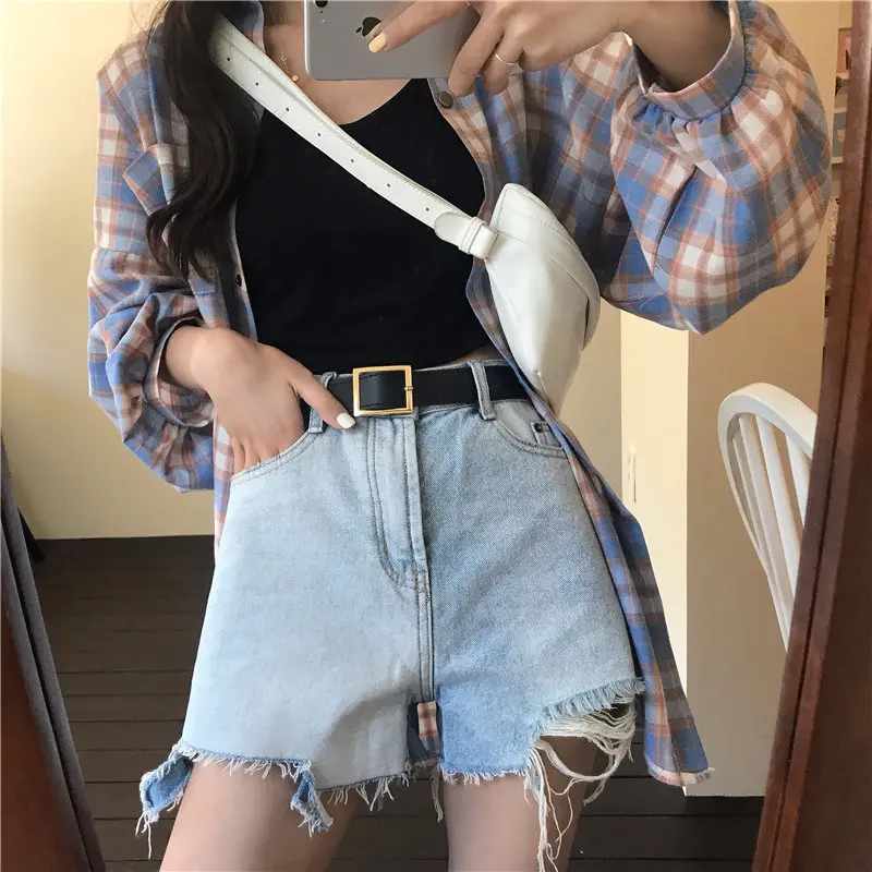 

HziriP Hot Selling New 2019 Summer Fashion Patchwork Color Streetwear Ladies Slim High Waist Sexy Jean Denim Wide Leg Shorts