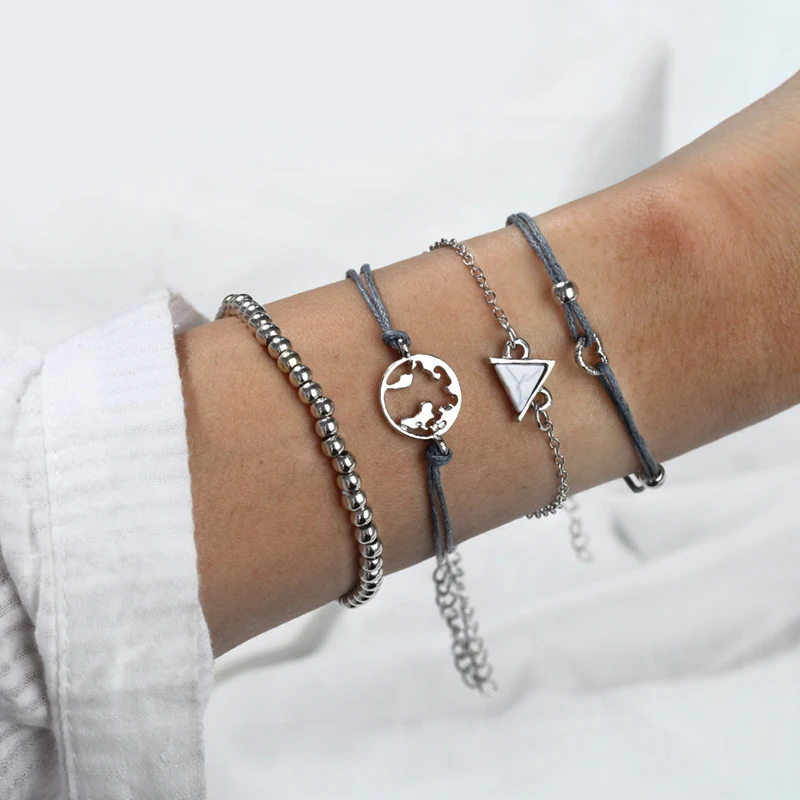 

Bohemian Women's Bracelet Multi-Layer Adjustable Geometric Elements Beads Metal Charm Bracelet Suitable For Wholesale 4pcs / Set