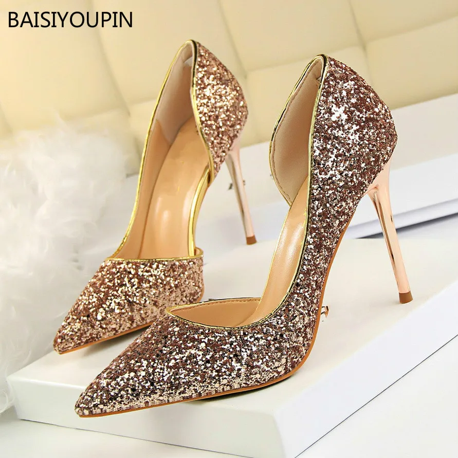 

Solid Women Shoes Bling Sexy Lady Nightclub Stiletto Pointed Toe 8-9cm Thin High Heel Side Hollow Party Female Pumps Shoes