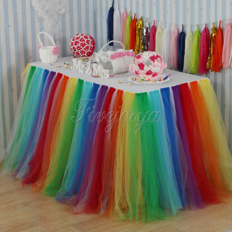  Colorful Rainbow Style Tulle Tutu Table Skirt 100cm x 80cm for Wedding Favors Party Baby Shower Dec