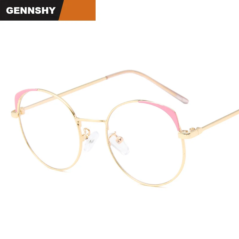 

2018 New Cat Eye Frame Women Lovely Cat Ear Eyeglasses Unique Brand Design Black Metal Optical Frame Gold With Pink Clear Lenses