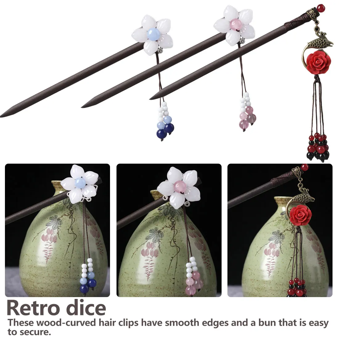 

Handmade Vintage Wood Chinese Hair Stick Pins Headpiece For Women Flower Hairpins Hair Ornaments