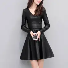 Осень Зима черное платье из искусственной кожи с длинным рукавом женское платье Jurken тонкое плюс бархатное платье Короткое сексуальное платье из кожи размера плюс C4956