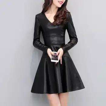 

Autumn Winter Black PU Leather Long Sleeve Dress Women Jurken Slim Plus Velvet Dress Short Sexy Leather Plus Size Dress C4956