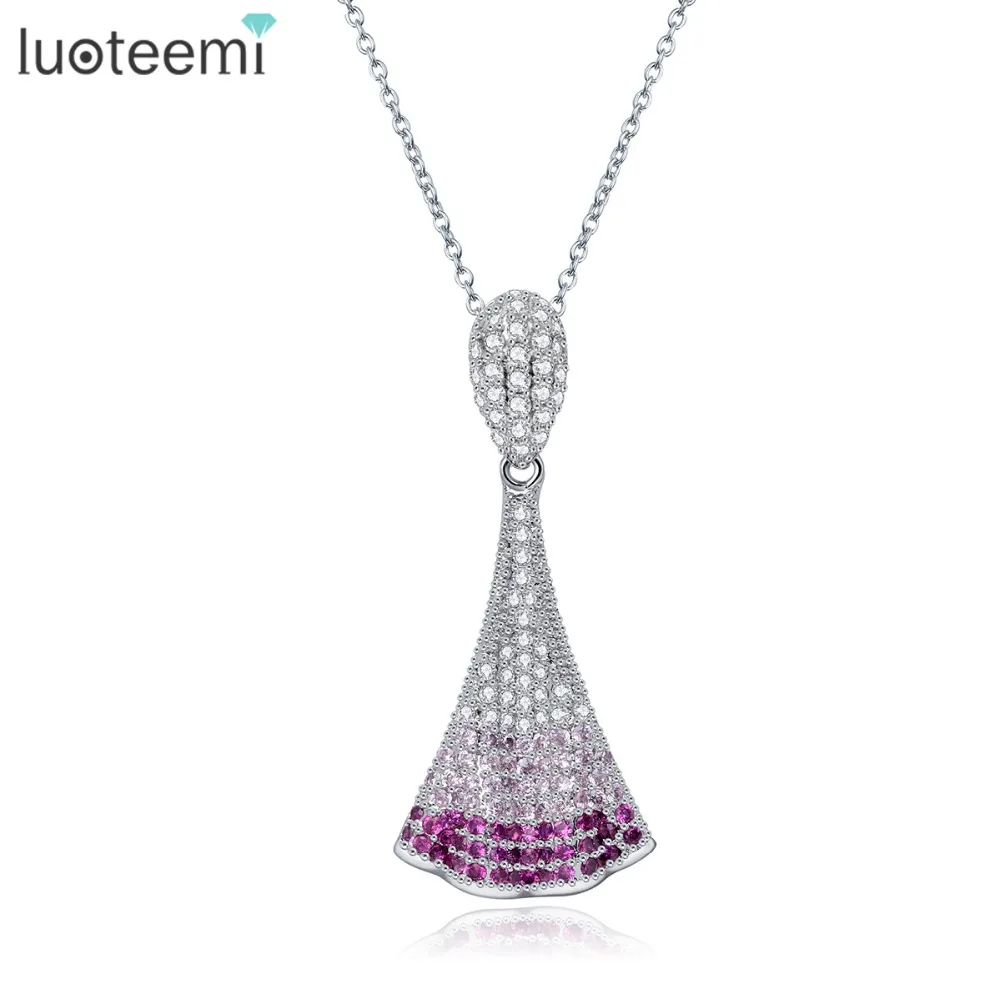 LUOTEEMI Unique Sparkling Cubic Zircon Gradient Color Micro Pave Fan Shape font b Pendant b font