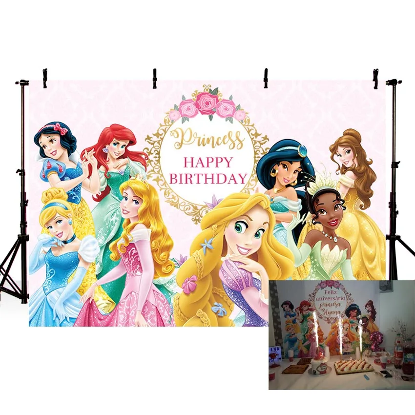 

MEHOFOTO Cartoon Princess Photography Backdrop Pink Flower Gold Frame Girls Birthday Party Backgrounds for Photo Studio Vinyl