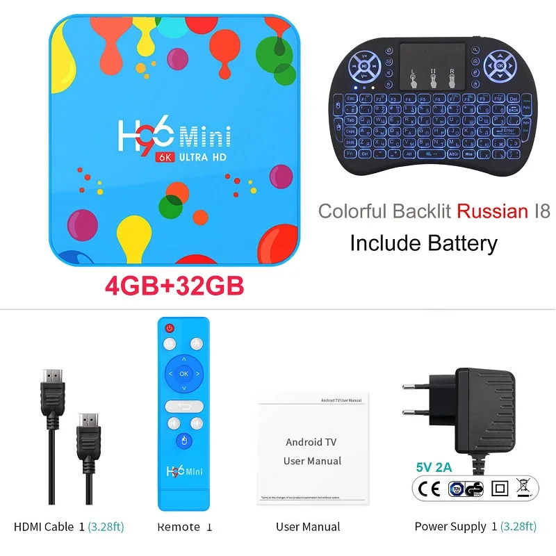 Wechip 4 Гб 128 ГБ H96 Мини Android 9,0 ТВ коробка Allwinner H6 четырехъядерный 6K H.265 Wifi Bluetooth HD Youtube телеприставка 4GB32GB коробка - Цвет: 4G 32G Russian I8