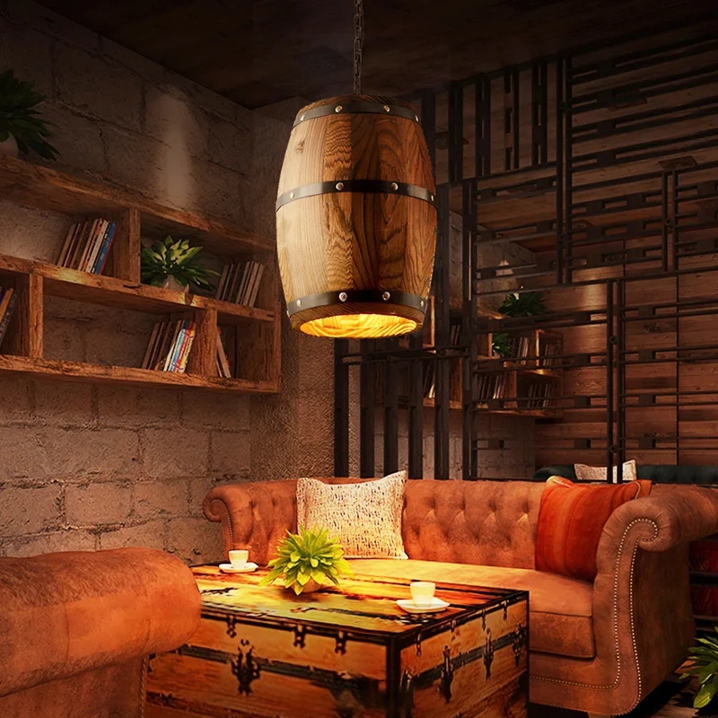 Barril de Madeira da Lâmpada do Teto Adequado para Bar Barril Vinho Pendurado Luminária Iluminação Pingente Café Luzes Atomasphere Restaurante Lâmpada 6 Luzes e Iluminação
