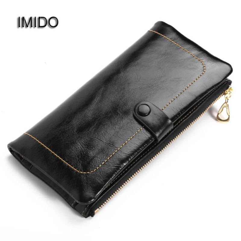 

IMIDO Women Wallets Genuine Leather Oil Wax Long Ladies Coin Purse Card Holder Phone Case Clutch Wallet Female Brown Black WT030
