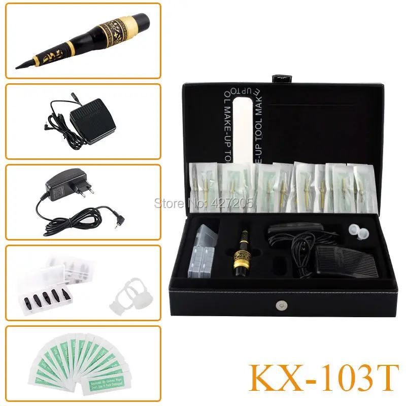 

New KX-103T Dragon Permanent Makeup Eyebrow Tattoo Mosaic Machine Kit Cosmetic Pen Pedal Needles Tips Power Supply Free Shipping