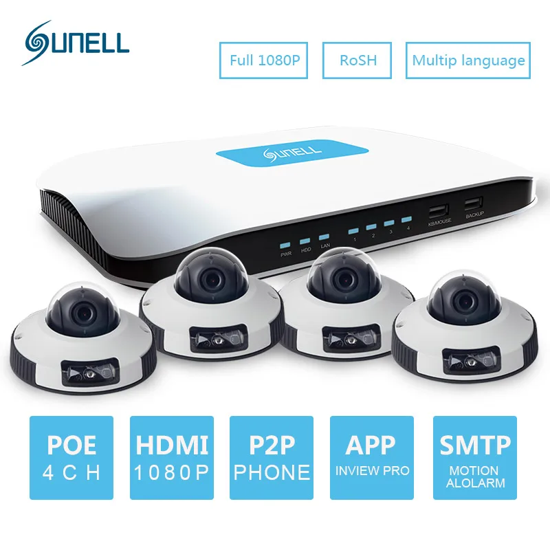  SUNELL New 4CH NVR Kit 1080P POE IR Mini Dome Camera HD IP Camera System CCTV Monitor Surveillance Network Camera Kits P2P 