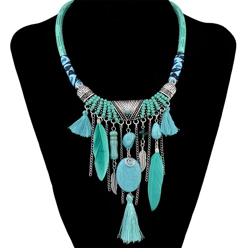 Bohemian Ethnic Thread Long Tassel Bib Necklaces African String Feather Wing Maxi Necklace Statement For Women Jelwery