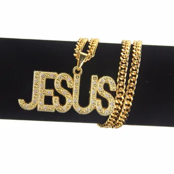 

Gold Platted Bling Letter JESUS Pendants Hip Hop Long Chain Necklace