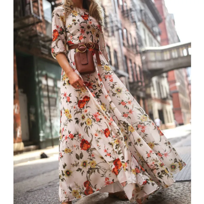 

Women's Boho Floral Long Maxi Dress Summer Beach Party Sundress Casual Loose Dress NO Belt