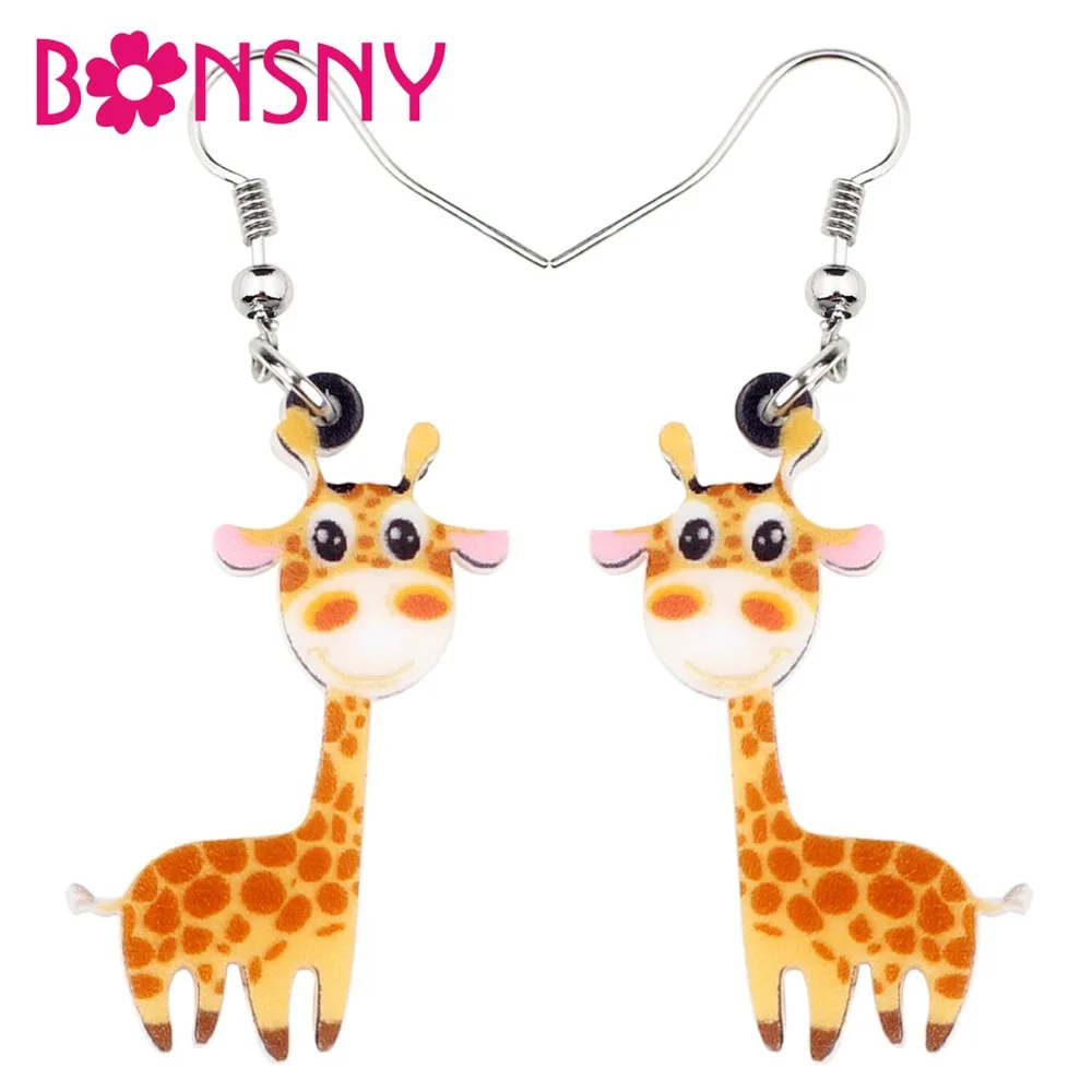 

Bonsny Acrylic Sweet Cartoon Smile Giraffe Earrings Big Long Dangle Drop Unique Africa Animal Jewelry For Women Girls Teens Gift